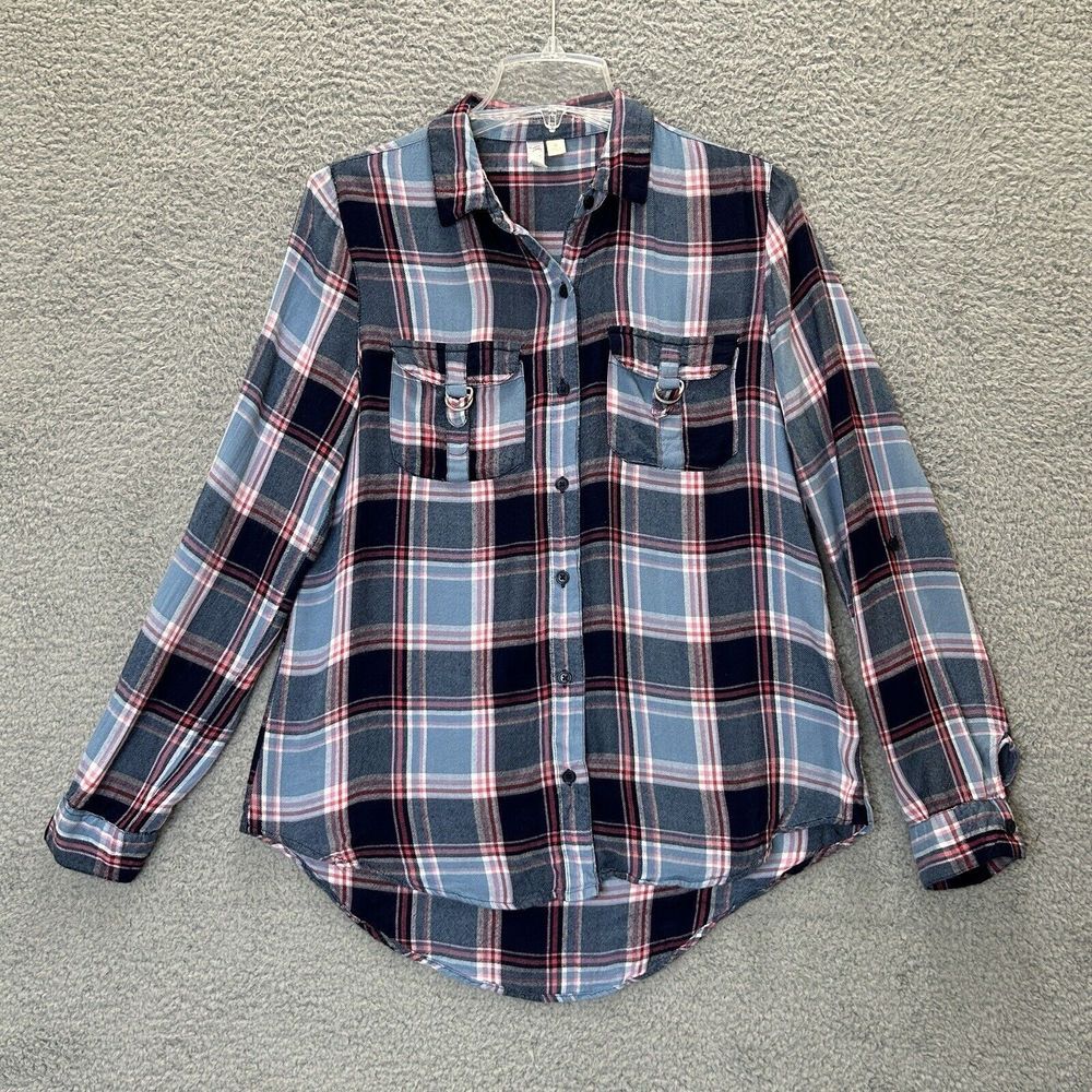 Alya Shirt Womens Small Multicolor Plaid Button Up Chest Pockets Roll Tab Sleeve